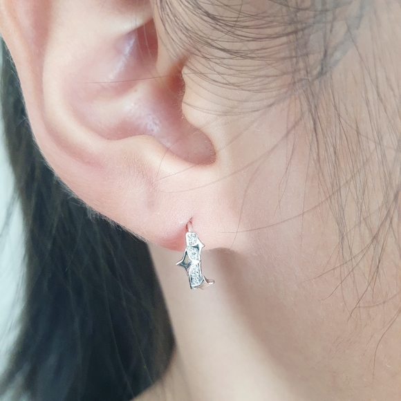 Rhodium Plated Over 925 Sterling Silver Celestial Diamante Crystal Hoop Earrings - Picture 4 of 5